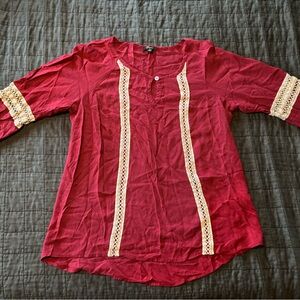 Cupio Burgundy Lace Floral Print Long Sleeve Top‎